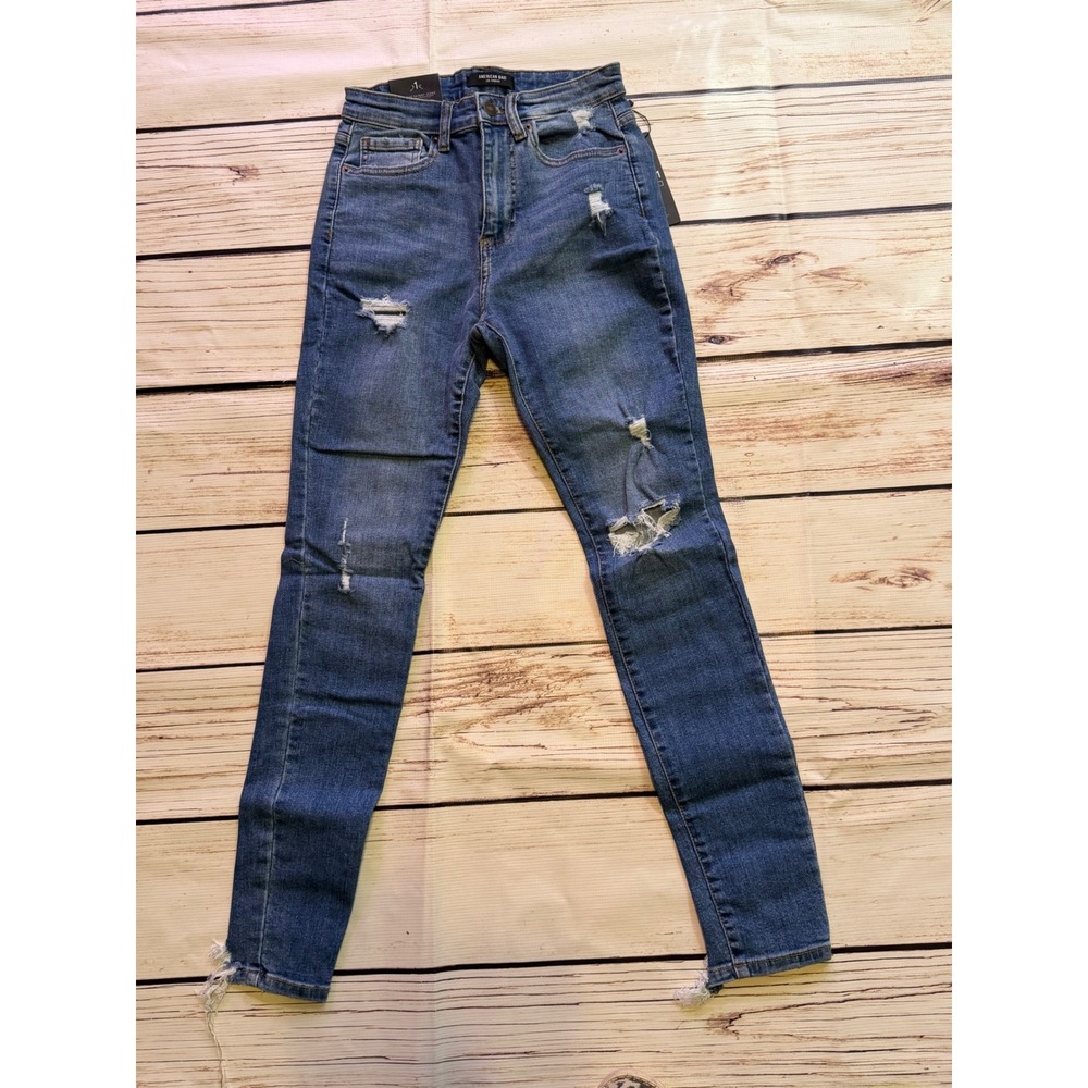 American Bazi High Rise Skinny Jeans Distressed Frayed Hem Blue Denim Women